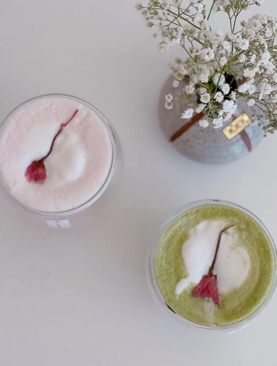 Sakura latte and matcha latte from above